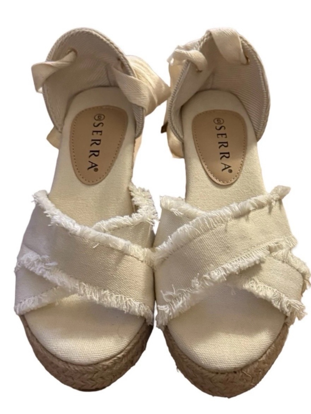 SERRA Cream Frayed Canvas Espadrille Wedge Sandals